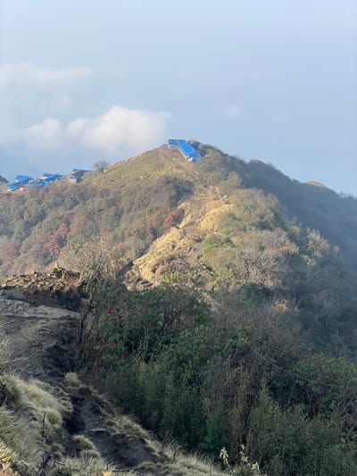 The image captures a mountainside scene in Lwang Ghalel, Nepal. The mountain has a steep slope covered with varied vegetation, including trees, shrubs, and grass. Several structures with blue roofs are visible on the mountainside, possibly representing buildings or shelters. The sky is partly clear with a few scattered clouds. The lighting suggests it is daytime, and the environment appears to be hilly and mountainous.