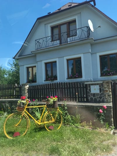This is a medium-shot, eye-level, outdoor, natural light photograph taken in Střelské Hoštice, Czechia. The scene depicts a yellow bicycle with baskets of flowers on the front and back, parked on a grassy area in front of a two-story light gray house. The bicycle has red pedal covers. Behind the bicycle, there is a dark wooden fence with stone pillars. One pillar has a gray electrical box with a yellow triangle warning symbol attached. The house has a brown-tiled roof, dark-framed windows, and a black metal balcony on the upper floor with a white satellite dish to its right. Green trees and foliage are visible on the left side of the frame and behind the fence. The sky is clear and blue.