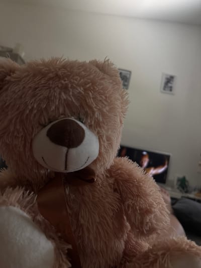 A light brown, fluffy teddy bear is the main subject of this close-up, low-angle shot. The bear is positioned to the right and center of the frame, with its head tilted down and to the left. Its fur is soft and appears well-loved. A dark brown ribbon is tied around its neck, forming a bow visible on the right side of its head. The bear's right eye is visible, featuring a white patch with a dark brown center, resembling a patch or a natural marking on its face. A faint smile is also suggested by embroidered lines below the eye.

The background is out of focus, creating a shallow depth of field that emphasizes the teddy bear. The wall behind the bear is a pale, neutral color, possibly white or cream. On the wall, to the left of the bear, there are two framed pictures, though their contents are indistinct and blurry. Further in the background, to the right of the bear, a dark rectangular object, likely a television screen, is visible. The image on the screen is also blurred but appears to show a person with a muscular physique. The overall lighting suggests an indoor setting, possibly a bedroom or living room, and the time of day is not discernible. The scene conveys a sense of comfort and domesticity. No text is clearly legible in the image.