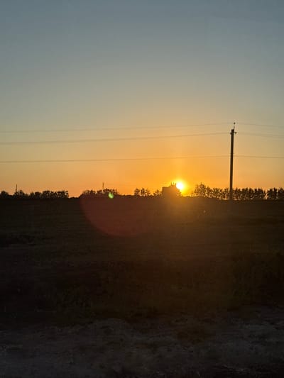 The image depicts a rural landscape at sunset in what could be Bol'shiye Klyuchishchi, Russia. A utility pole stands to the left of the sun, with wires stretching across the scene. Silhouetted trees and vegetation form the horizon line, obscuring the setting sun. A lens flare is visible. The foreground is dark and indistinct. The sky transitions from blue to orange, indicating sunset. The image has been taken with a camera that has rendered the image vertically.