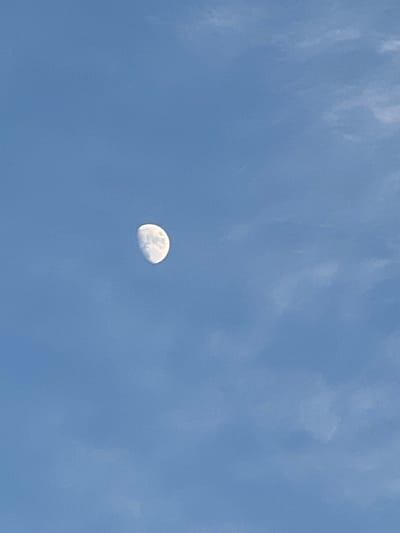 This media file depicts the moon in a clear blue sky, appearing as a crescent or gibbous phase. The moon is the primary subject, positioned slightly off-center. Wispy clouds are visible in the upper portion of the frame, contributing to the sky's texture. The overall impression is one of a daytime sky where the moon is still visible. There are no people, animals, or man-made objects discernible in the image. The lighting suggests it is daytime, with the sun high enough to illuminate the sky and make the moon visible, but not so bright as to wash it out completely. The sky's color indicates fair weather conditions, possibly late morning or early afternoon. No text is visible in the image. The location context of Qoyankus, Kazakhstan, adds a geographical dimension, but the image itself doesn't provide specific visual cues to confirm this location.