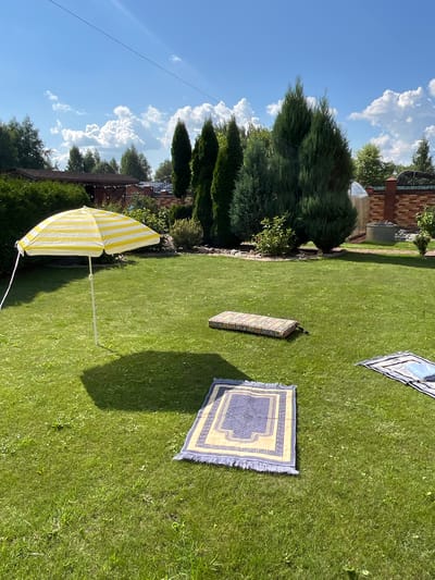 In Вельяминово, Russia, on a sunny day with scattered clouds, a backyard scene unfolds on a lush green lawn. A yellow and white striped umbrella stands planted in the grass, casting a shadow to its left. Several prayer mats are spread out on the lawn: one larger blue and yellow mat with fringe in the foreground, another smaller, colorful mat to the left of center, and a partially visible mat with blue stripes in the background to the right. Behind the lawn, a line of tall evergreen trees forms a natural barrier, with a brick wall and a greenhouse visible further in the background. The overall impression is one of a peaceful outdoor setting, possibly prepared for prayer or relaxation.
