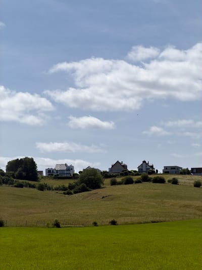 This photograph captures a rural-urban fringe landscape in Niederanven, Luxembourg, under a partly cloudy sky. The scene is dominated by undulating green fields and hills, topped by a ridge line featuring several residential structures.
The upper approximately 45% of the image is occupied by a light blue sky with scattered white cumulus clouds, denser towards the horizon. A small, dark, indistinct object, possibly avian, is visible high in the sky, slightly right of center.
The middle ground, extending from approximately 30% to 70% of the image height, consists of gently rolling hills covered in a mixture of light green and yellowish-brown grasses, indicating varied vegetation or dryness. A sparse fence line, composed of thin, dark vertical posts, traverses the mid-slope of these hills horizontally. Scattered dark green shrubs and small trees punctuate the slopes, particularly concentrated on the left side.
Along the crest of the prominent hill, approximately 60% up from the bottom, a series of detached houses are visible. These range in architectural style, with a notable contemporary white multi-story house featuring a dark, complex roofline and extensive glazing positioned left of center. To its right are two more traditional two-story houses with light facades and dark gabled roofs. Further right, a series of modern, minimalist houses with flat roofs and light-colored facades are positioned. The houses are surrounded by landscaping, including trees and trimmed shrubs.
The foreground, occupying the bottom approximately 30% of the image, features a vibrant, uniform expanse of bright green, lush grass, suggesting a cultivated meadow or well-maintained pasture. No people or animals are present in the frame.