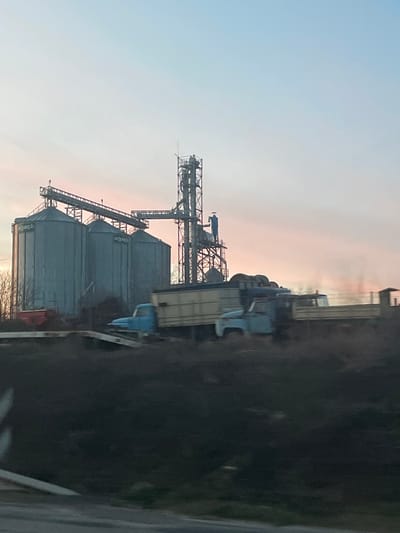 The image depicts an industrial agricultural facility in Osenets, Bulgaria, at what appears to be either dawn or dusk, indicated by the sky's light blue to faint pink and orange gradient. The primary structures are three large, cylindrical, corrugated metal grain silos, each marked "agaclı," connected by an elevated conveyor system to a tall, multi-story metal framework tower, likely a grain dryer or processing unit. At ground level, several vehicles are present: a light blue truck cab attached to a flatbed trailer on the left, followed by another light blue truck with a light-colored, rectangular cargo body, and a third light blue truck with an open cargo body partially obscured to the right. A fourth, darker vehicle is partially visible behind the third truck. A red agricultural implement is situated on the far left. The foreground consists of dark, indistinct vegetation, possibly dry grasses or bushes. No individuals are visible, and no specific actions or interactions are discernible within the static scene.