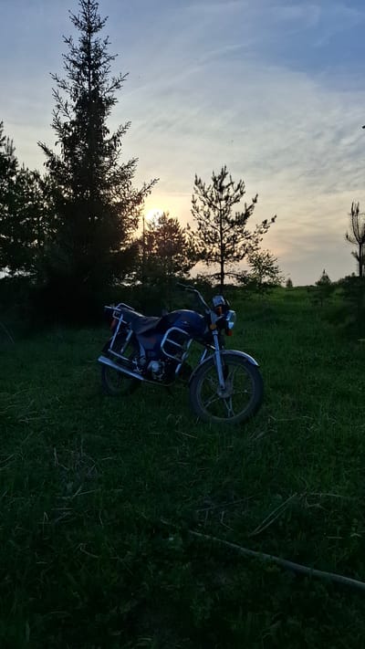 A motorcycle is parked in a grassy field at sunset, with trees silhouetted against the sky. The location is Шешурга, Russia.