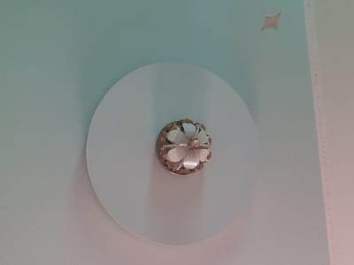 A ceiling light fixture is mounted in the center of a recessed circular ceiling feature. The light fixture has a decorative design resembling a flower with multiple translucent petals. The ceiling itself is painted a light blue-green color. There is a subtle shadow cast by the light fixture onto the recessed area. In the upper right quadrant of the image, a small, diamond-shaped reddish-brown mark is visible on the ceiling.