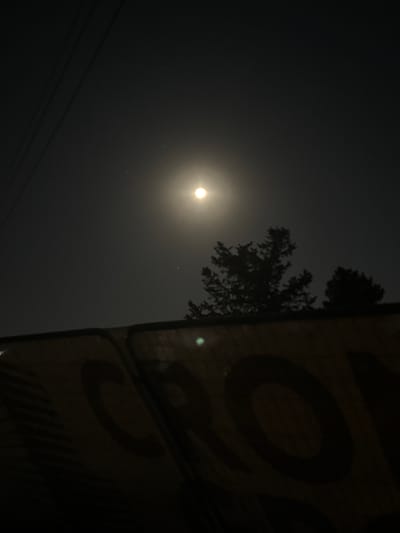 A nighttime photograph shows a bright full moon in a dark, hazy sky. The moon is positioned in the upper center of the frame, casting a soft glow. Silhouetted against the sky are the dark shapes of two trees in the mid-ground. In the foreground, a blurry, out-of-focus sign with large, dark lettering is visible. The lettering appears to spell out "CROSS" or a similar word, with the letters "C", "R", and "O" being partially discernible. The sign has diagonal black stripes on the left side. Power lines are faintly visible in the upper left quadrant of the image. The overall scene suggests an outdoor setting at night, possibly on the outskirts of a city or town, given the presence of power lines and the sign. The location is specified as Germasogeia Municipality, Cyprus.