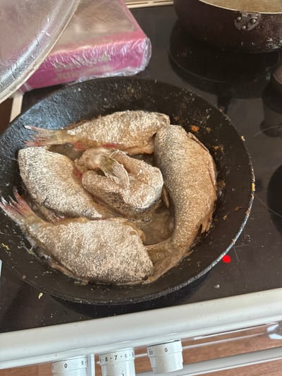 In Urazovo, Russia, several small fish, coated in a light-colored flour or batter, are being fried in a black, round pan on a black electric stovetop. The fish are arranged in a circular pattern within the pan, and some appear to be partially submerged in hot oil or cooking liquid. To the left of the pan, a partially visible clear glass lid is slightly ajar, revealing a pink, plastic-wrapped object underneath. The stovetop itself is dark and shows some signs of cooking splatters and debris. In the foreground, a white stovetop control panel with numbered dials (0, 5, 6, 7, 8, 9, and 50) is visible, indicating that the cooking is taking place in a kitchen environment. The overall scene captures a domestic cooking activity.
