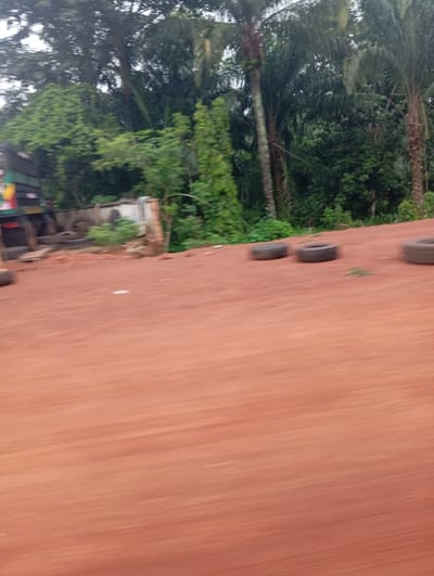 The image depicts an outdoor scene in Imilike, Nigeria, characterized by a reddish-brown, dusty ground. In the background, a dense array of green foliage, including trees and palm trees, creates a natural backdrop. Several tires are scattered across the ground in the mid-ground and foreground. A truck with some of its structure visible is also present on the left side of the image, positioned in front of some of the tires and a white structure that appears to be a shipping container or storage unit. The scene suggests a location that may be used for storage, a roadside resting point, or an informal industrial area within the natural environment of Imilike.