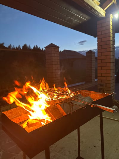 The image depicts an outdoor scene at dusk, likely in the city of Pepelyayeva, Russia, focusing on a barbecue grill with an active fire. The grill is made of dark metal and contains burning wood logs, producing vibrant orange and yellow flames that lick upwards. A metal grill rack is positioned over the flames, ready for cooking.
The setting appears to be a covered patio or veranda, indicated by the wooden ceiling structure and brick columns visible in the foreground and right side of the image. These structures are made of light brown bricks and are lit by an overhead light fixture. In the background, beyond a brick fence, a dark silhouette of trees can be seen against the twilight sky, suggesting a semi-rural or suburban environment. A residential building with a dark roof is also visible in the middle ground. The ground surface is a concrete or stone patio. The overall impression is one of preparation for an evening barbecue. No people are visible in the image.