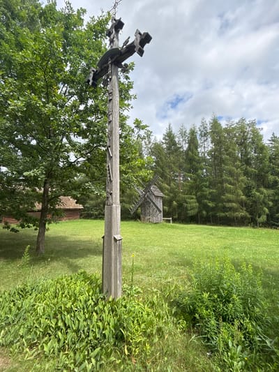 This is an outdoor, eye-level, medium shot photograph taken on a cloudy day in Sielachowskie, Poland. The foreground is dominated by lush green foliage with tall grass and smaller plants. A weathered wooden cross, ornately carved with decorative elements and what appear to be small tools or figures, stands prominently in the center left of the frame. Behind the cross, a large deciduous tree with dense green leaves is visible. To the right of the cross, a green meadow stretches towards a dense line of tall evergreen trees in the background. Nestled amongst the trees and meadow is a small, rustic wooden windmill. Further to the left and slightly behind the cross, a traditional wooden building with a thatched roof is partially visible. The overall scene depicts a rural, possibly historical, outdoor setting.