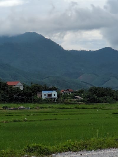 The image shows a rural landscape in Tan Thanh Commune, Vietnam. In the foreground, there is a vibrant green rice paddy field, with some vegetation and a gravel road visible at the very bottom. In the mid-ground, a cluster of houses is nestled among lush trees. One house has a red roof, and another is painted white with a blue roof. Beyond the houses, rolling green hills rise up, forming the backdrop of the scene. The sky is overcast with dramatic clouds, casting a soft light over the landscape. The overall impression is one of tranquility and natural beauty.