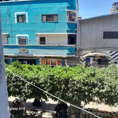 In the city of Deir el-Balah, Palestinian Territories, a photograph captures a street view dominated by a bright blue building with white accents. The building has multiple windows of varying sizes and styles, including some with dark frames and grates. Below the blue section, a white facade features a storefront with visible displays, including posters and what appear to be products inside. Above this, a sign with Arabic script is present.

In front of the building, dense green foliage from trees obscures the lower part of the structure and extends into the foreground. Sunlight filters through the leaves, creating dappled shadows on the ground and on a paved area. Several people are visible in the scene. In the foreground, partially obscured by foliage, are the words "Galaxy A14." Near the base of a tree, two individuals are crouched, seemingly interacting with items on the ground or a table. Further down the street, another individual stands near a dark, draped object, and the legs of another person are visible in the background.

To the right of the blue building, a corrugated metal structure is visible, with a black and white striped awning over an entrance. Various cables and wires crisscross the scene, suspended between buildings. In the far background, taller buildings can be seen under a clear blue sky. A row of white buckets, some filled with colorful contents, is lined up along the edge of the paved area in the lower right portion of the image. The overall impression is a bustling street scene with a mix of commercial activity and everyday life.