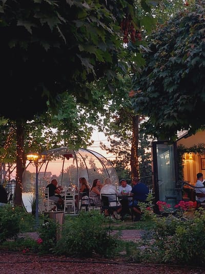 This image captures an outdoor dining scene at dusk in Grivitsa, Bulgaria. Several individuals are seated at tables within a transparent, geodesic dome structure. The dome is illuminated by strings of warm, fairy lights wrapped around trees. A vintage lamppost stands near the entrance of the dome. In the background, a soft sunset casts a warm glow across the sky, with silhouettes of trees and buildings visible. The foreground features lush green bushes and a mulched ground covering. The overall atmosphere suggests a peaceful evening gathering at a restaurant or cafe.