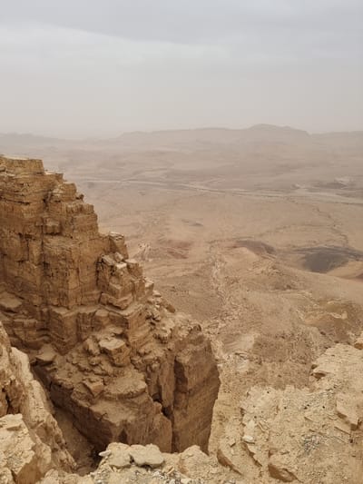 The image shows a rocky cliff overlooking a desert landscape. The cliff is composed of layered, light-brown rock with visible fractures and crevices. In the background, a vast desert expanse stretches out, partially obscured by haze or dust. The landscape appears barren, with varying shades of brown and tan. The scene is likely taken at or near Mitzpe Ramon, Israel, due to the region's distinctive desert geography. There are no people or other distinct subjects visible in the image.