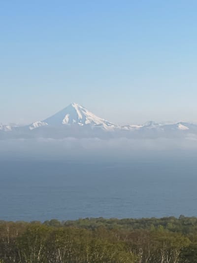 The image shows a majestic, snow-capped mountain peak rising above a layer of clouds, with a vast body of calm, blue water in the foreground. Below the water, a dense, green forest stretches across the landscape. The sky above is a clear, soft blue, with a gradient that lightens towards the horizon. The mountain is the central focus, its white summit stark against the pale blue sky, suggesting a cold, high-altitude environment. The clouds form a soft, ethereal barrier between the mountain and the water, creating a sense of depth and distance. The forest in the foreground provides a grounding element, its varied shades of green and brown indicating a temperate climate. The overall scene evokes a sense of natural beauty and tranquility. While the image does not contain any people or specific man-made structures, the presence of the ocean and forest suggests a coastal or mountainous region. The description of the location in the city of Крутобереговый, Russia, if accurate, would place this scene in a specific geographical context, implying it is a natural landscape within or near that city, potentially a view from a higher elevation overlooking the coast and the surrounding wilderness.