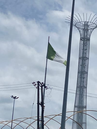 The image shows the Nigerian flag waving in the wind, next to an electrical utility pole, and the Millennium Park tower in Calabar, Nigeria. The sky is cloudy. The photograph appears to have been taken from a low angle, looking up.