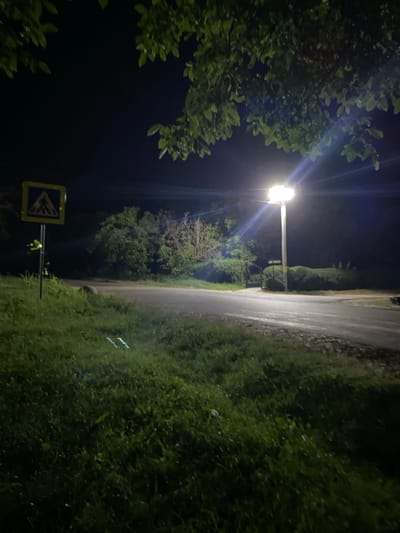 An outdoor nighttime scene features a grassy area in the foreground with a paved road curving through the middle ground. A pedestrian crossing sign is visible on the left side of the road. A lamppost with a bright light illuminates a section of the road and surrounding vegetation. Trees and bushes form a backdrop to the scene. The sky is dark and largely featureless. The location is identified as Negrești, Moldova.