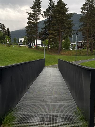 The media file presents an outdoor scene in Vinstra, Norway, characterized by modern architecture and natural elements under an overcast sky.
In the foreground and mid-ground, a striking architectural structure dominates the right side of the image. It consists of a smooth, dark concrete wall on the left, running parallel to a tall, vertical metal grid fence on the right. A dark, damp-looking pathway lies between these two elements, receding into the distance. Patches of green grass are visible at the base of the metal grid and beyond the concrete wall.
To the left of this structure, a wide expanse of vibrant green grass stretches towards a line of tall pine trees. Beyond the trees, several modern buildings or houses are nestled against a backdrop of a large, forested mountain. Utility poles with streetlights are interspersed throughout the scene.
The weather appears to be cloudy or overcast, indicated by the muted light and the damp surfaces of the pathway and structures, suggesting recent rain. No people or active events are visible, lending a calm and somewhat serene atmosphere to the scene.
Visible text includes two circular signs on the grass in the lower left; one is a clear "no parking" sign (red circle with a diagonal line), and the other is an indistinct symbol.