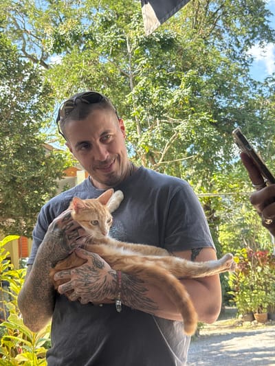 A man holds an orange tabby cat. He is smiling, looking at the camera. The cat has its front paws extended upwards. The man has tattoos on his arms and is wearing a gray t-shirt. The background includes trees, leaves, and a sunny sky. Someone's hand holding a phone is partially visible above the man.