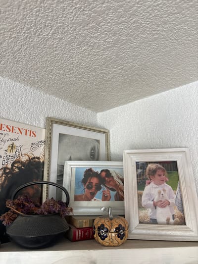 The image depicts a collection of items stacked on a shelf or ledge. Several framed pictures are visible, including a portrait of a child holding a cat, a woman in sunglasses, and a black-and-white drawing of a face. A decorative wooden box with floral patterns sits alongside small books with red covers. A dark, rounded object with dried purple flowers is also present, possibly a teapot or kettle. The background consists of a textured white wall and ceiling.