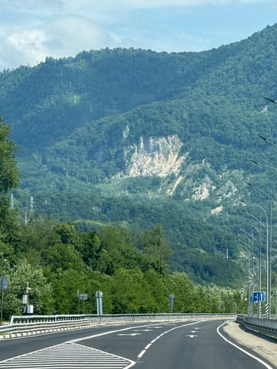The image shows a scenic view of a road curving through a lush, mountainous landscape. The road is asphalt with clear white lane markings, and a striped pedestrian crossing is visible in the foreground. Guardrails line the sides of the road, and streetlights are spaced along the right side. The mountains in the background are covered in dense green forest, with a large, exposed rocky area showing patches of lighter rock. Power lines are visible ascending the mountainside, with several transmission towers scattered throughout the trees. The sky is partly cloudy with a light blue hue. The scene is likely located in the Adlerskiy district of Russia, known for its mountainous terrain and natural beauty. There are no people or animals visible in the image.
