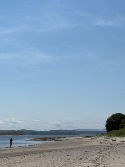 This is a vertical, outdoor, eye-level shot of a beach scene in Tullycullion, Ireland. The sky is a pale blue with scattered wispy clouds, taking up approximately two-thirds of the frame. The lower third of the image is the beach and a body of water. A lone figure stands facing away from the camera on the left side of the beach, near the water's edge. The person is wearing dark clothing and appears to be wrapped in a light-colored shawl or blanket. The beach is sandy with scattered small stones and pieces of seaweed. The water is calm and reflects the sky. In the distance, rolling green hills are visible, dotted with what appear to be wind turbines. A large, dense green tree is on the right side of the frame, near the edge of the beach.
