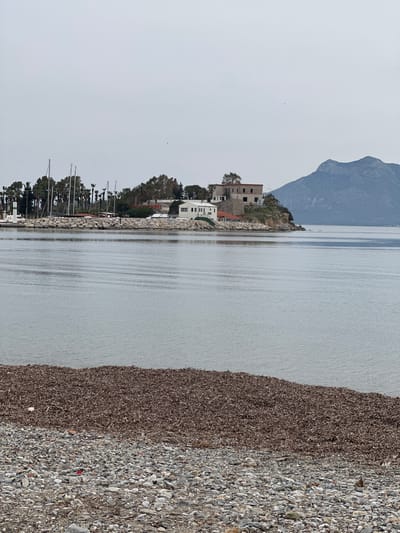 The image depicts a view from the waterfront in Datça, Turkey. A pebble beach lines the right side of the frame, with a darker band of seaweed separating it from the grey water. On the opposite shore, there is a rocky outcrop with vegetation and several white buildings. A hill rises in the background. The water is calm, with subtle ripples. Along the left edge of the frame, there are trees and the masts of sailboats are visible. The sky is overcast and grey. A single bird is visible in the sky.