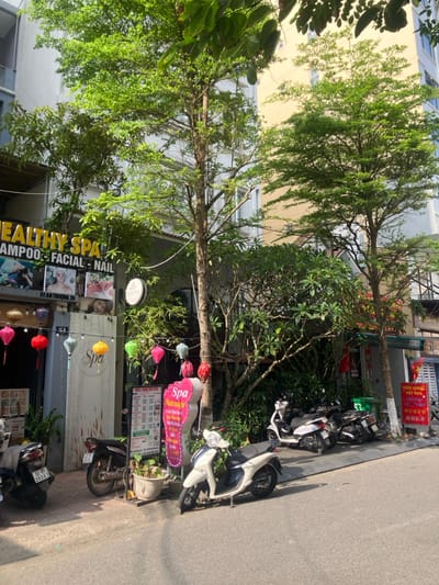 This image captures a daytime exterior street scene at 51 An Thượng 26 Street, Ngũ Hành Sơn Ward, Da Nang, Vietnam. The central subject is a multi-story commercial building identified as "Healthy Spa," displaying a prominent black sign with yellow text for "SHAMPOO - FACIAL - NAIL." Below, two photographic advertisements feature female models. The spa entrance is adorned with a string of colorful paper lanterns in red, orange, green, pink, and light blue. A tall, white menu board for "WELL HEALTHY SPA" lists services and prices in multiple languages, including English and Vietnamese, and features a QR code. Adjacent to this, a pink, curvilinear sign promotes "Spa Massage," "Body Massage," "Foot Massage," "Pedicure," "Manicure," and "Hair care."
To the right of the spa, a partially visible building displays a green house number "53" and a vertical sign for "TRẦM HƯƠNG VIỆT NAM" (Vietnamese Agarwood). The street and sidewalk are lined with numerous medium-sized trees featuring dense green foliage, providing significant shade. Several potted plants are also arranged on the sidewalk.
At least five motorbikes/scooters are parked on the concrete sidewalk and along the curb of the asphalt street. These vehicles are predominantly white and dark-colored. One motorbike on the far left has a visible license plate: "92-B1 303.61". The background consists of additional multi-story urban buildings, one with a light yellow facade. No individuals are visible in the scene. The lighting suggests a clear day, casting distinct shadows.