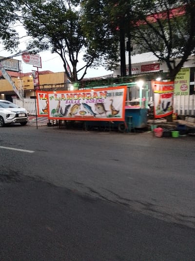 The image shows a street scene in Kecamatan Margorejo, Indonesia (latitude: -6.76, longitude: 111.017). A white car is parked on the left side of the road. The car has a license plate number "L 1744 ...". In the background, there is a large building with a sign that says "Da". On the right side of the road is a food stall with a banner that says "Ka Lamongan Bakar Goreng". The stall is selling grilled and fried fish. There are several plastic containers, including a green one, on the sidewalk. The road is asphalt and there are white lines painted on the road. The trees in the background have large, dark green leaves. The sky is overcast and the time of day is late afternoon.