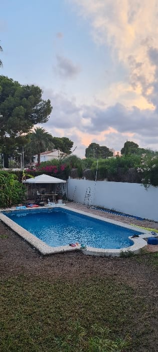 This vertical image depicts a residential backyard in El Campello, Spain, under an overcast sky displaying hues consistent with either dawn or dusk. The central feature is a rectangular swimming pool filled with light blue water, bordered by light-colored coping stones. Small, colorful items, likely fabric, are visible on the coping near the left side of the pool, and a blue container rests on the right side.

To the left of the pool, a white, open-sided gazebo with a peaked roof covers a wooden table and several chairs. Adjacent to the gazebo, dense green foliage is present. The foreground is primarily covered in sparse, dry grass.

To the right of the pool, a white stucco wall acts as a property boundary. A multi-segment pole, possibly for pool cleaning, and a white step ladder are propped against this wall. A blue hose or cable runs along the base of the wall.

The background features extensive vegetation, including tall pine trees, a palm tree, and flowering bushes with pink and white blossoms. Partially visible through and above this greenery are several residential buildings with light-colored facades. No individuals are present in the scene.