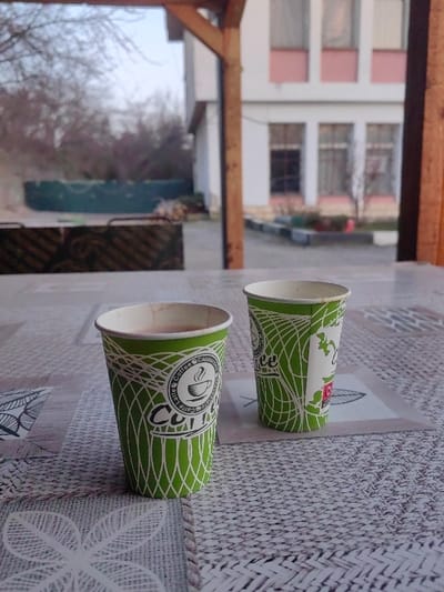 The scene is an outdoor setting in Gorna Beshovitsa, Bulgaria, viewed from under a wooden structure, with a prominent brown wooden beam visible on the right. In the immediate foreground, two disposable paper cups, predominantly green and white, are placed on a light-colored, textured table covering featuring interwoven geometric and leaf patterns. The left cup contains a reddish-brown liquid and has "Coffee Cappuccino Caffè Latte Chocolate" text and a coffee cup graphic. The right cup, appearing empty, also features a green and white pattern and sits on a square coaster with a leaf design.

Beyond the table, a paved outdoor area extends. To the left, a dark, rectangular object with a patterned surface is visible, potentially a barbecue grill or a large planter. Further back, a low, dark green circular or semi-circular barrier or planter is present, behind which bare trees and shrubs with minimal foliage are observed. The background is dominated by a two-story building featuring a white facade with pink horizontal accent bands above and below its upper-story windows. Multiple dark-framed windows are visible across the building's front. The ground around the building is paved, with sections of small, light-colored curbing.