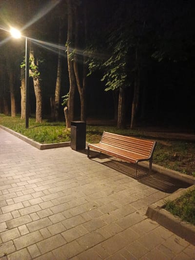 An empty park bench sits on a paved walkway at night, illuminated by a nearby streetlamp. The bench, made of wood and metal, is situated next to a trash receptacle and a strip of grass. Behind the grass, a row of trees forms a dark backdrop against the night sky. The scene is devoid of human presence. The location is a park in the city of Radkevshchina, Russia.