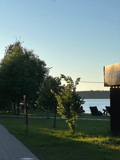 The image depicts a waterfront area in Solnechnogorsk, Russia, under a clear blue sky at sunset. A paved walkway runs along the left side of the frame, bordering a grassy area with scattered trees. In the background, a body of water is visible, with a distant treeline on the far bank.
On the right side of the image, a structure with a sign featuring Cyrillic lettering that reads "ПРИЗОВ" is partially visible. The structure is illuminated by string lights. Several people are present, some seated in lounge chairs on the grass, facing the water. One individual appears to be standing near a lounge chair. The trees in the foreground are lush green, and sunlight casts shadows across the grass. The overall atmosphere suggests a relaxed, recreational setting.
