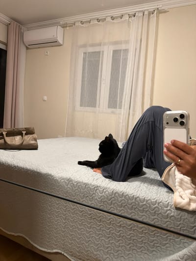 A person is taking a mirror selfie in a bedroom in Lastva Grbaljska, Montenegro. The person is wearing navy blue sweatpants and is sitting on a bed. A black cat is lying on the bed next to the person. A tan purse is on the bed to the left of the cat. There is an air conditioner mounted on the wall above the bed. Sheer white curtains hang from a curtain rod over a window. The room is lit by artificial light.
