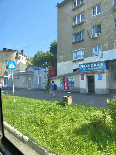 The image depicts a street scene in Zhukovsky, Russia, on a sunny day. In the foreground, a lush green grassy verge lines the paved sidewalk. A person wearing a blue denim jacket, light-colored pants, and a backpack is walking away from the camera on the sidewalk. They are walking towards two other individuals standing near a small, light-colored building with a gray roof. This building appears to be a pharmacy, indicated by a green cross symbol and the word "АПТЕКА" (Apteka - Pharmacy) on its facade.
To the right of the pharmacy, a larger, multi-story brick building stands prominently. A blue sign above an entrance reads "ЧКАЛОВА, 8 ТОРГОВЫЙ ЦЕНТР" (Chkalova, 8 Trading Center). Below this, another sign in red states "ПИРЮЛЬНИК" (Pirjul'nik - Hairdresser) with smaller text identifying it as a federal chain of beauty salons. Various advertisements and signs are visible on the facade of this building.
Further to the left, another building, predominantly yellow, is partially visible. A blue pedestrian crossing sign with a white silhouette of a person is positioned near the sidewalk. Power lines are visible stretching across the clear blue sky. The overall environment suggests a commercial or residential area within the city.