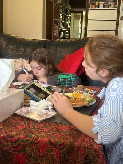 The image shows two young people at a table with a patterned tablecloth. In the foreground on the left, a girl with long brown hair is focused on writing on a piece of paper with a pen. A tablet is propped up in front of her, and a box of tissues is to her left. To the right, another young person with reddish-brown hair, wearing a blue and white striped shirt, is looking towards the first girl and has a plate of food in front of them. The food appears to be toast with beans and avocado. In the background, a black leather couch is visible, and behind that, shelves filled with books and various items are present. The scene appears to be indoors, possibly a home environment. There is no information available to determine if this scene is located in the city of Thora, Australia.