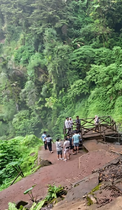 In the city of Dolat Rayat, Indonesia, a group of people are gathered on a wooden viewing platform overlooking a lush, green ravine. The platform is constructed of rustic wooden beams and planks, with a railing for safety. Several individuals are standing on the platform, some looking out at the view, while others appear to be in conversation. Below the platform, the ravine is densely packed with vibrant green foliage, including various types of ferns and trees, indicative of a tropical rainforest environment. The ground leading up to the platform is a reddish-brown, dusty path, with some scattered rocks and fallen leaves. A few plants are visible at the edge of the path, adding to the natural, untamed feel of the location.