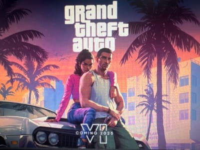 The image is a promotional poster for Grand Theft Auto VI, featuring two individuals sitting on a classic car. The man wears a white tank top and green pants, while the woman wears a pink long-sleeved top and purple pants. They are seated in front of a city skyline with palm trees and buildings silhouetted against a sunset sky. The Grand Theft Auto VI logo and the text "COMING 2025" are visible at the bottom. The image does not contain any elements or context related to Ellwangen, Germany.