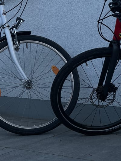 Two bicycles are leaning against a textured, pale blue wall, possibly in a storage area or garage. The bicycles are positioned one above the other, with the front wheel of the lower bicycle obscuring part of the rear wheel of the upper bicycle.

The upper bicycle is a dark color, likely black, and features a disc brake on its rear wheel. The tire of this wheel has "SCHWALBE" and "BILLY BONGO" printed on its sidewall. A bright red component is visible near the handlebars of this bicycle.

The lower bicycle is mostly white with some dark components. Its front wheel is partially visible, showing a silver rim and numerous spokes. A small, black bicycle light is attached to the frame near the front wheel. An orange reflector is visible on the spokes of the lower bicycle's rear wheel.

The scene is static, with no people or activity depicted. The lighting is somewhat dim, suggesting it might be indoors or late in the day. The textured wall and the tiled floor visible on the right side provide some context for the setting, likely an indoor space. There is no indication of weather conditions. The overall mood is neutral.