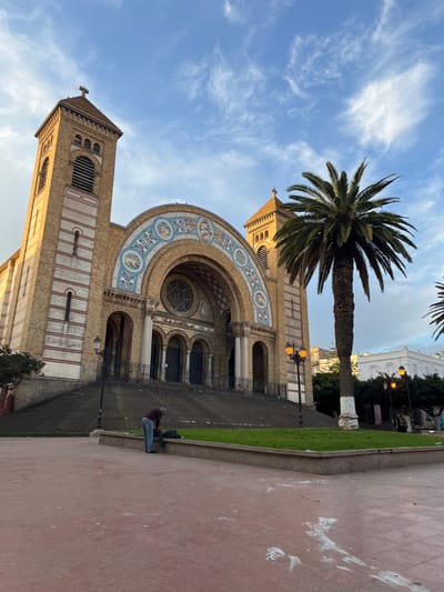 The image depicts the Cathédrale du Sacré-Cœur, located in Oran, Algeria, viewed from a ground-level plaza. The cathedral, constructed of light brown brick with reddish-brown horizontal banding, features a large central arched entrance adorned with a mosaic tympanum and a prominent rose window above the main doors. Two square bell towers, each topped with a pyramidal roof and a cross, flank the entrance. A wide, multi-tiered stone staircase leads up to the cathedral's main doors.
In the lower-left-center foreground, a lone male figure, dressed in a dark red long-sleeved shirt and blue trousers, is bent over an object on the ground next to a raised, rectangular grassy planter. The foreground consists of a reddish-brown tiled plaza with some irregular white marks. To the right of the cathedral, a tall palm tree with a white-painted base stands prominently. Several illuminated street lamps with orange glows are visible throughout the scene. The sky above is blue with scattered wispy clouds, illuminated by the warm, low-angle light of late afternoon or early morning. White buildings are discernible in the background to the right of the palm tree.