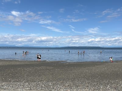 In the city of Delta, Canada, a wide, pebble-strewn beach meets the calm, shallow waters of the Puget Sound under a bright blue sky dotted with white, wispy clouds. In the foreground, a dense scattering of grey and white pebbles covers the shore. Further out, in the water, several groups of people are visible. On the left side of the frame, a cluster of individuals, some appearing to be children, are wading. Closer to the shore, two people, a woman in a white top and black shorts and a man in a black top and shorts, stand facing away from the camera. In the middle distance, more people are dispersed in the water, some standing, others appearing to be playing. Towards the right of the frame, two young girls are on the beach near the water's edge, one in a pink shirt and white shorts, the other in a light-colored top and green shorts, playing with sand toys. Further out in the water, a few individuals are scattered. In the far distance, a hazy, mountainous coastline is visible under the expansive sky.