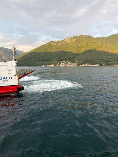 A ferry boat, identified by the markings "GALO KOTOR," is seen from its stern as it moves through the water, leaving a wake of white foam. The ferry has a red hull and a white superstructure. A ramp, partially raised, is visible at the stern. The boat is on a body of water, likely a bay or strait, with a lush green, mountainous coastline in the background. A town with white and red-roofed buildings is nestled along the shore at the base of the mountains. The sky above is partly cloudy, with soft sunlight illuminating the scene. The location is Đurići, Montenegro. There are no people visible on the ferry or in the immediate vicinity.