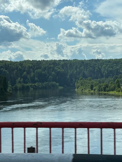 A scenic view of a wide, calm river bordered by a dense, green forest is captured on a sunny day under a sky filled with puffy white clouds. The foreground features a red railing with vertical supports, suggesting the vantage point is from a bridge or elevated structure. The water reflects the sky and the surrounding trees, creating a serene and natural landscape. The location is identified as Cheva, Russia.