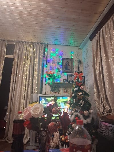 The image depicts the interior of a residence in Lanchkhuti, Georgia. The scene is a domestic room, likely a living or dining area, decorated for a holiday period.
The ceiling consists of horizontal light-toned wooden planks. The left wall is covered by a light-colored curtain adorned with small, warm-toned fairy lights, with a window partially visible behind it. The back wall, light in color and possibly patterned, is heavily decorated with multiple strings of multicolored lights (green, blue, red, yellow). A shelf on this wall holds a bouquet of orange flowers and is also lit by string lights. Below the shelf, a central framed icon of a religious figure is flanked by several smaller framed photographs of individuals.
In the center-lower portion of the image, a television set is visible, displaying a colorful, possibly animated, image. To its right stands a medium-sized artificial Christmas tree, decorated with white tinsel, red bows, and various round ornaments. At the base of the tree, a dark basket contains what appears to be fruit and other festive items.
In the immediate foreground, a vase holds artificial flowers, including white, pink, and red roses, alongside red sparkly decorative elements. Two plastic beverage bottles with red caps are present: one, partially filled with a dark liquid, is in the foreground on the right, and another dark-colored bottle is on the left, positioned behind the flowers. The surface beneath the foreground objects features a blue and red covering.
No individuals are present in the image, and no specific actions or interactions are depicted. The room is illuminated by ambient artificial lighting and numerous decorative string lights.