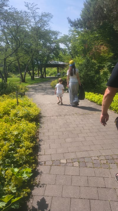 In a park setting, a person wearing a white t-shirt, grey pants, and a yellow hat walks on a paved path. Beside them, a child in a white t-shirt and shorts walks ahead. Green trees and lush vegetation surround the path. In the background, a covered pavilion with benches is visible, suggesting it is a public park. The presence of a person's arm on the right side of the frame indicates they are likely filming or photographing the scene. The scene is set in a city park in Rain, Germany, on a sunny day.