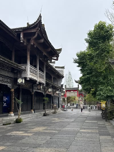 The image shows a street scene in Zhuoshui, China. The foreground features a traditional Chinese building with a multi-tiered roof and ornate wooden carvings. The building has pillars supporting upper levels, and hanging lanterns are visible. The street is paved with gray stones and stretches into the distance. People are walking along the street. A red archway with Chinese characters marks a point further down the street. A large tree with green leaves is to the left of the archway. The sky is overcast.