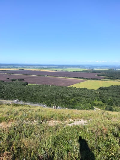 The image shows a panoramic view from a grassy hilltop overlooking a vast landscape. In the foreground, tall grass and wildflowers dominate, with a prominent shadow of a person cast on the right side. A metal railing and stairs ascend the hill, with several people visible on and near them. Beyond the hill, a sprawling landscape unfolds, featuring dark brown agricultural fields, green pastures, and a dense green forest. In the distance, a flat horizon is visible under a clear blue sky, with hints of distant hills or mountains and possibly a body of water. The scene suggests a natural park or viewing area, likely a tourist attraction within the city of Shikhan, Russia, offering expansive views of the surrounding countryside and agricultural lands.
