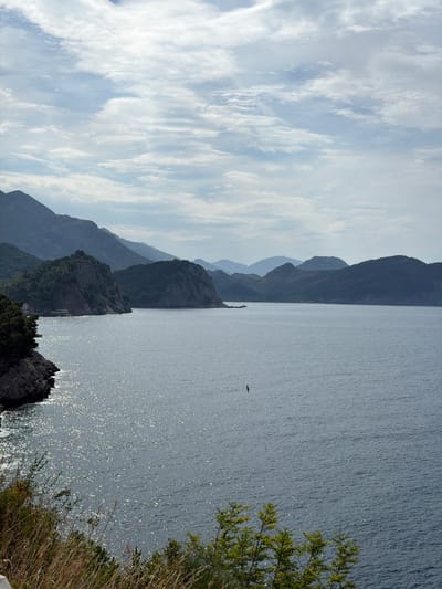 The image depicts a seascape with mountains in the background, likely taken in or near Golubovići, Montenegro. The water reflects sunlight, creating a shimmering effect. A dark shape, potentially a bird or a small boat, is visible on the water's surface. Vegetation, including shrubs and dry grass, is present on the right side of the frame, suggesting a coastal area. The sky contains streaks of clouds. The mountains in the background are hazy and layered, receding into the distance.