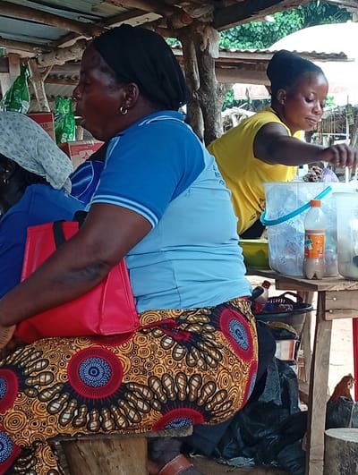 In Andaha, Nigeria, at a market stall, two women are visible. The woman in the foreground, wearing a black headscarf and a blue shirt, sits with a red bag on her lap. Her patterned skirt features red, blue, and yellow circular designs. Beside her, a second woman in a yellow shirt is seen from the side, reaching for items on the stall, which include buckets of water and a bottle of drink. The stall is constructed from wood and metal sheeting, with foliage visible in the background. A chicken is also present at the lower right of the image.